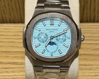 Vintage patek philippe geneve automatisch uurwerk blauwe wijzerplaat zilveren roestvrijstalen armband herenhorloge | Polshorloge | Verjaardagscadeau
