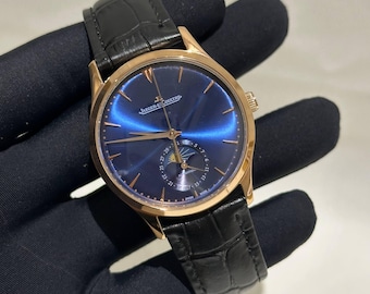 Vintage Jaeger-LeCoultre Automatic Movement Blue Dial Black Leather Strap Men's Wrist watch | Birthday Gift | Christmas gift