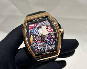 Vintage Franck Muller Automatic Rose Gold Case Men's Watch | Multicolor Dial, Black Leather Strap Men's Wrist Watch