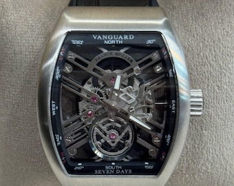 Zegarek męski Vintage Franck Muller z automatycznym mechanizmem, przezroczystą tarczą i czarnym skórzanym paskiem | Prezent urodzinowy | Darmowa wysyłka | Zegarek na rękę