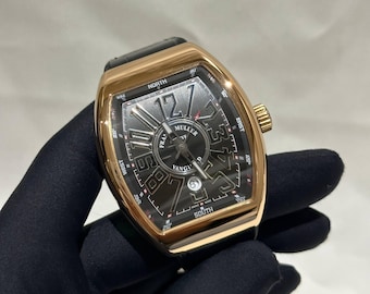 Vintage Franck Muller Vanguard Automatic Rose Gold Watch | Black Dial, Leather Strap, Date Indicator Men'sWrist Watch