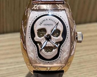 Vintage Franck Muller Automatic movement Skull dial Brown leather strap Men Watch | Birthday Gift | Christmas gift | | Wrist Watch