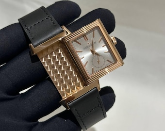 Vintage Jaeger-LeCoultre Reverso Quartz Watch, Rose Gold Case, Silver Dial, Leather Strap Men Watch | Free Shipping