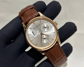 Vintage Jaeger-LeCoultre Automatic Watch | Silver Dial, Rose Gold Case, Brown Leather Strap Men's Wrist Watch
