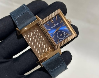 Vintage Jaeger-LeCoultre Reverso Quartz Watch | Blue Dial, Rose Gold Case, Blue Leather Strap Men's Wrist Watch