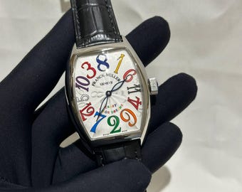 Vintage Franck Muller Crazy Hour White Dial Automatic Watch, Stainless Steel, Black Leather Strap Men Watch