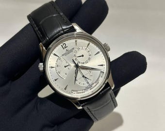 Vintage Jaeger-LeCoultre Automatic Chronograph Watch | Silver Steel Case, Black Leather Strap Men Wrist Watch
