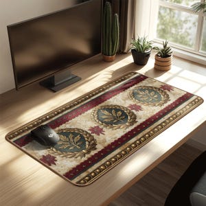 Op de afbeelding: Rechthoekige muismat met een crèmekleurige achtergrond, versierd met gouden lauwerkransen op een teal-kleurige achtergrond, omlijst door bordeauxrode en gouden accenten. Een zwarte computermuis ligt erop.