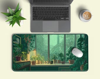 Lofi Greenhouse Desk Mat Gift | Indoor Plants & Rainy Forest Glow | Oversized Cozy Workspace Pad