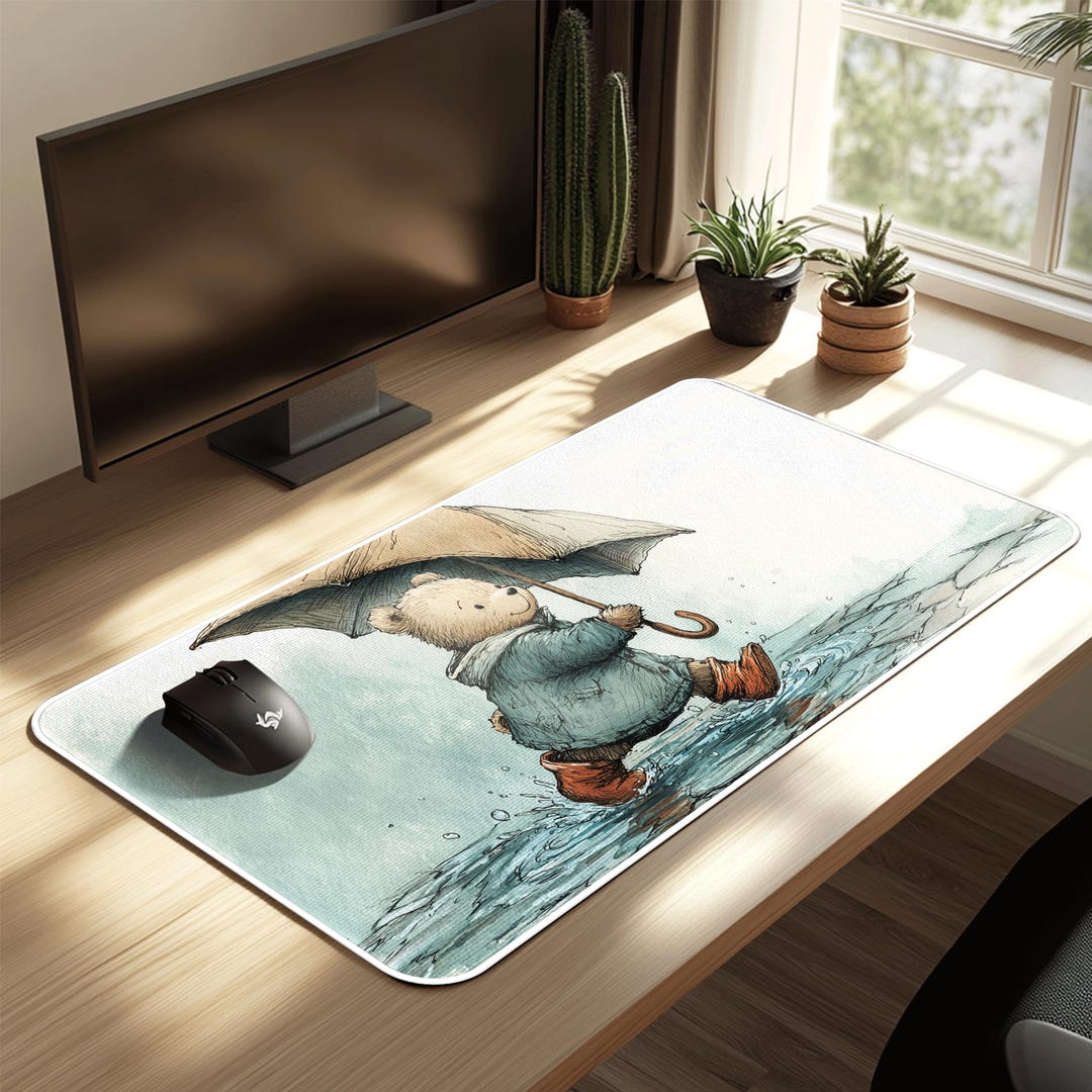 Cozy Bear Rain Walk Deskmat | Cute Umbrella Art | Whimsical Animal ...