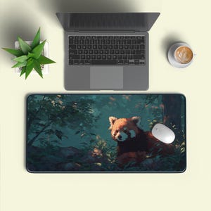 May include: A rectangular mouse mat with a red panda illustration set in a forest. The design shows the animal amidst green foliage and trees. A white computer mouse is positioned on the right side of the mat, beside the red panda.
