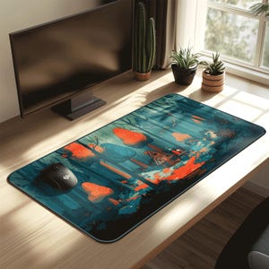 Op de afbeelding: Een rechthoekige muismat met een boslandschap met oranje en blauwe paddenstoelen, bomen en een kleine hut. Een zwarte computermuis staat links. De muismat ligt op een houten bureau.