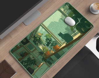 Lofi Cat Rainy Day Desk Mat Gift | Oversized Green Cozy Mouse Pad | Chill Cat XXL Gaming Pad | Green Aesthetic Workplace Decor