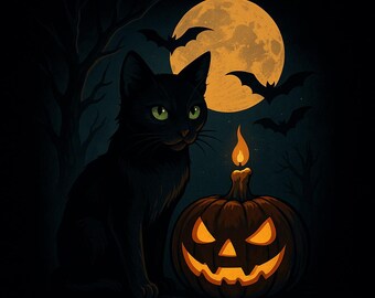 Spooky Black Cat Halloween Night, Jack-o'-Lantern, Bats