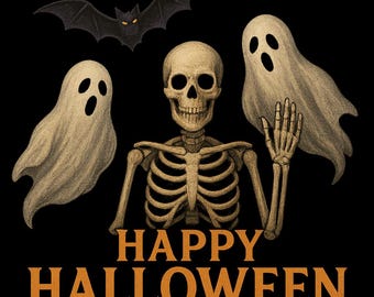Minimalist Halloween Print: Skeleton, Ghosts & Bat