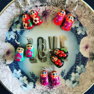 Flower Style Handpainted wooden Matryoshka Russian Dolls Earrings