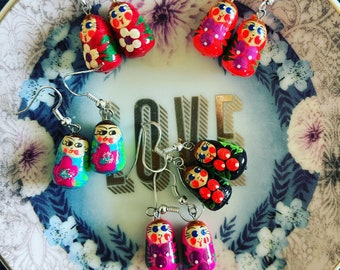 Flower Style Handpainted wooden Matryoshka Russian Dolls Earrings