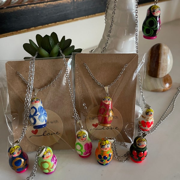 Hand Painted Wooden Matryoshka Russian Doll Necklace