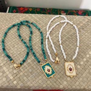 Sacred Heart Milagro beaded Necklace Flaming Heart Immaculate Ex-Voto Gift for Her Valentines