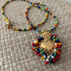Sacred Heart Milagro beaded Necklace Flaming Heart Immaculate Ex-Voto Gift for Her Valentines