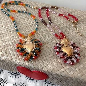 Sacred Heart Milagro glass beaded Necklace Flaming Heart Immaculate Ex-Voto Gift for Her Valentines