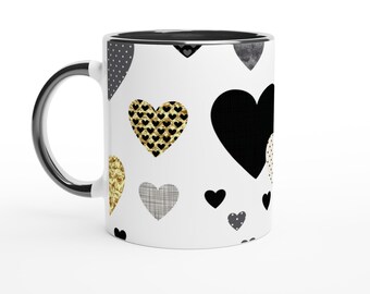 Kubek ceramiczny 11 uncji, czarny, ceramiczny, nowoczesny kubek w kształcie serca, stylowa filiżanka do kawy, minimalistyczny kubek w czarno-złote serca, prezent na Walentynki