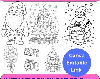 May include: Black and white line art illustrations of Santa Claus, a Christmas tree, and other holiday-themed images. The text "Santa Christmas Coloring Page" and "INSTANT DOWNLOAD 20 Pages" are displayed.