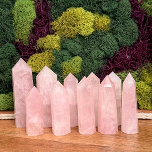 May include: A collection of ten rose quartz crystal points, each featuring a polished, multi-faceted hexagonal shape with a pointed top. The stones exhibit a translucent, pale pink hue with natural internal fractures and varying heights.