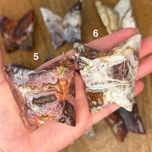 May include: A collection of butterfly-shaped agate stones in shades of brown, red, white, and cream. The stones have unique patterns and textures, with visible numbering. The stones are held in a hand, showcasing their natural beauty.