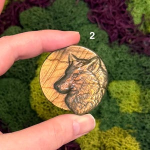 May include: A round, golden-brown stone with a carved wolf profile. The stone has a textured surface with natural patterns and a metallic sheen. The number "2" is visible in the upper right corner. The stone is held in a hand against a backdrop of green and purple.
