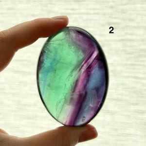 Puede incluir: Una piedra de fluorita ovalada con una superficie pulida. La piedra muestra una mezcla de colores, incluyendo tonos verdes, morados y azules. La piedra es sostenida por una mano.