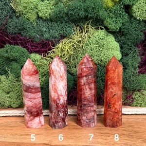May include: Four red quartz crystal points with varying patterns and shades of red and white. The crystals are numbered 5, 6, 7, and 8. The background features green and purple moss.