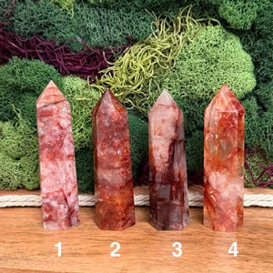 May include: Four red quartz crystal points with varying shades of red and white. The crystals are numbered 1 through 4 and are displayed on a wooden surface against a backdrop of green and burgundy moss.