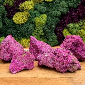 May include: Four jagged, crystalline rock formations in a vibrant magenta hue are arranged on a smooth wooden surface. Each piece features a rough, porous texture with sparkling mineral deposits visible across the uneven, angular surfaces.