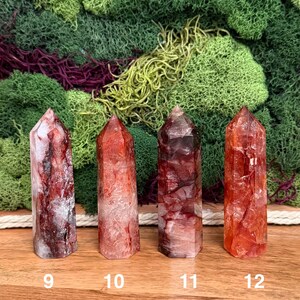 May include: Four red quartz crystal points with varying shades of red and white. Each crystal is numbered at the base. The background features green and purple moss.