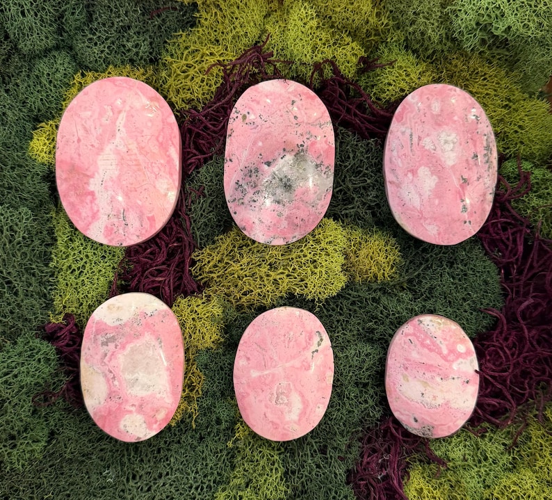 May include: Six oval-shaped pink gemstones with unique patterns and textures. The stones are set against a backdrop of green and burgundy moss, creating a natural and earthy aesthetic. The gemstones vary in color and pattern.