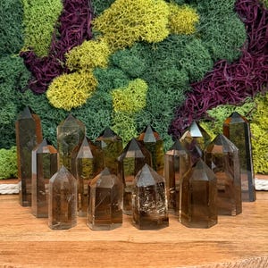 Puede incluir: Una colección de doce puntas de cristal de cuarzo ahumado translúcido dispuestas sobre una superficie de madera. Cada cristal presenta una forma de prisma hexagonal con una terminación puntiaguda, mostrando tonos marrones y grises.