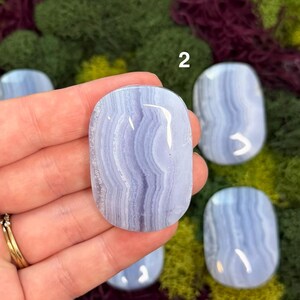 May include: A collection of polished blue lace agate stones. The stones have a light blue color with white banding and a smooth, oval shape. The stones are displayed on a bed of green and purple moss.