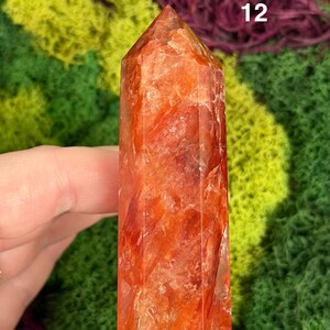 May include: A vibrant, orange-red crystal point with a faceted shape. The crystal is held in a hand against a backdrop of green and purple moss. The number "12" is visible on the crystal.