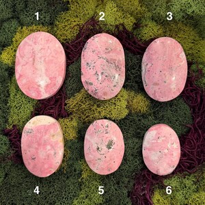 May include: Six oval-shaped pink gemstones with varying patterns of darker pink and gray inclusions. The gemstones are displayed on a bed of green and purple moss, showcasing their natural beauty and unique textures. These polished stones are ideal for jewelry making or collecting.