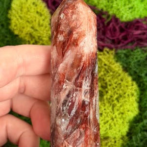 May include: A red and white crystal point with a faceted top. The crystal is held in a hand against a background of green and purple moss. The number 9 is visible in the background.