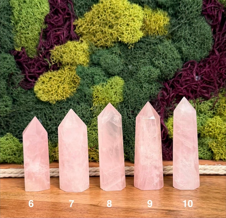 May include: Five light pink rose quartz crystal points arranged in a row on a wooden surface. Each crystal has a faceted hexagonal top and a smooth, semi-translucent body. The numbers 6, 7, 8, 9, and 10 are printed below each crystal.