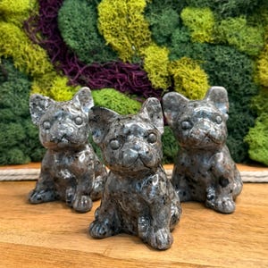 Puede incluir: Tres figuras de bulldog de piedra gris están dispuestas sobre una superficie de madera, con un fondo de musgo verde, amarillo y morado. Las estatuas de bulldog tienen un patrón moteado y están sentadas.