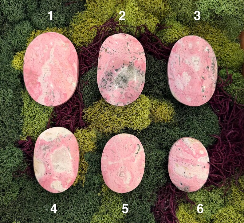 May include: Six oval-shaped gemstones with pink and white marbling, numbered 1 through 6. The gemstones are set against a backdrop of green and burgundy moss. The stones vary in pattern and color intensity.