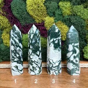 May include: Four tree agate crystal obelisks with white and green patterns. The obelisks are numbered 1 through 4. The background features green, yellow, and purple moss.