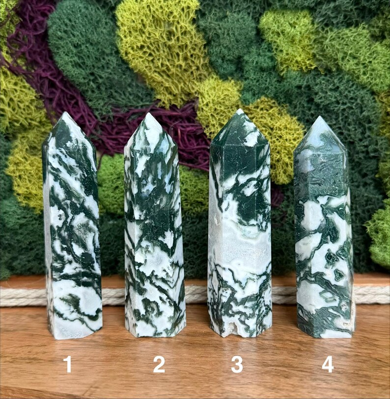 May include: Four tree agate crystal obelisks with white and green patterns. The obelisks are numbered 1 through 4. The background features green, yellow, and purple moss.