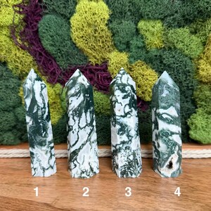 May include: Four tree agate crystal points with white and green patterns. The crystals are numbered 1 through 4. The background features a mix of green, yellow, and purple moss.