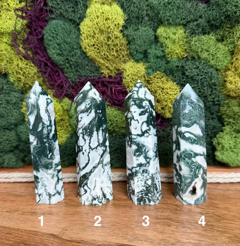 May include: Four tree agate crystal points with white and green patterns. The crystals are numbered 1 through 4. The background features a mix of green, yellow, and purple moss.