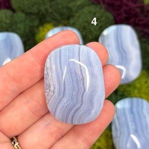 May include: A collection of polished blue lace agate stones. The stones have a smooth, oval shape with light blue and white banding patterns. The number "4" is visible in the background. The stones are displayed on a bed of green moss.