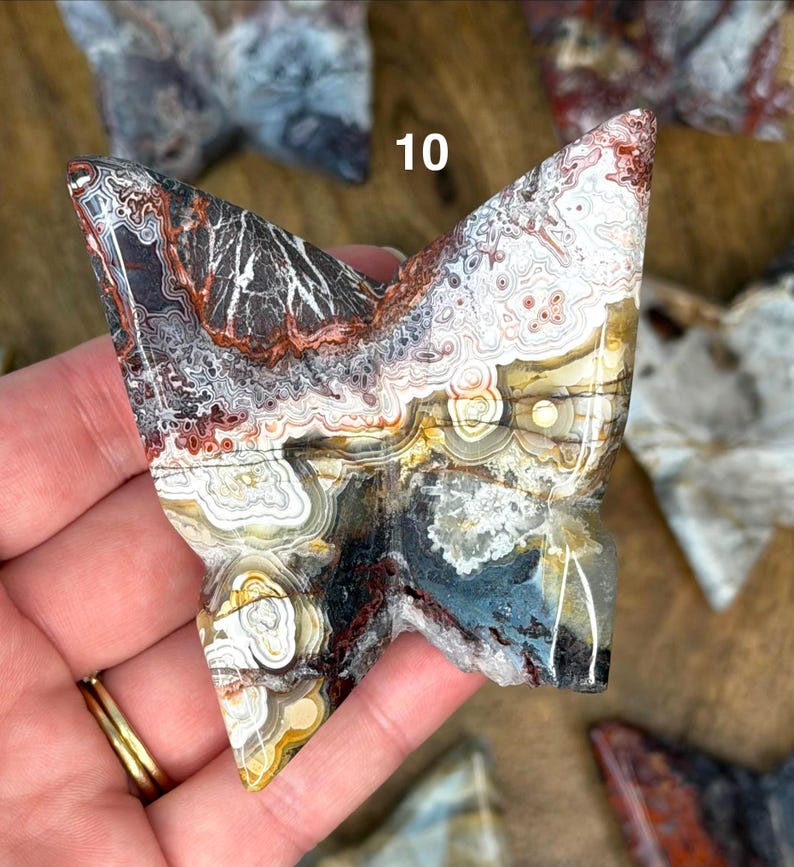 May include: A carved stone butterfly sculpture with a mix of colors including white, black, brown, and blue. The sculpture is held in a hand, and the number "10" is visible on the sculpture. The butterfly has a detailed, layered pattern.